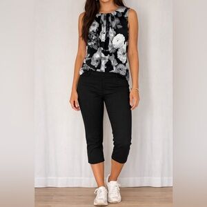 Calvin Klein Black Floral Sleeveless Top Pleated‎ Neck Women's S